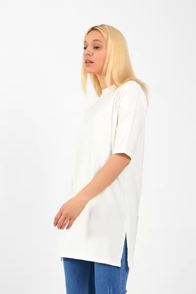 Ekru Pamuklu Uzun Kadın Tişört
