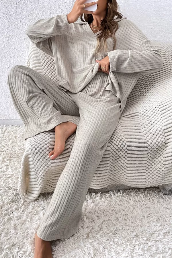 Ekru Rahat Kesim Pantolon Bluz Alt Üst Takım