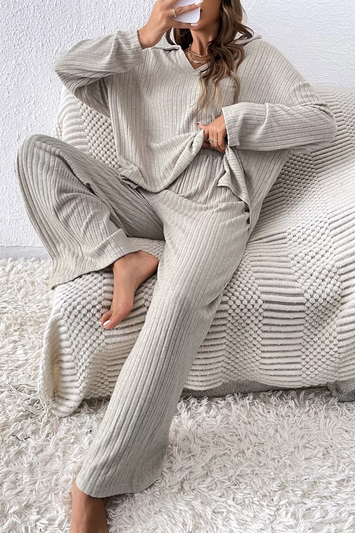 Ekru Rahat Kesim Pantolon Bluz Alt Üst Takım