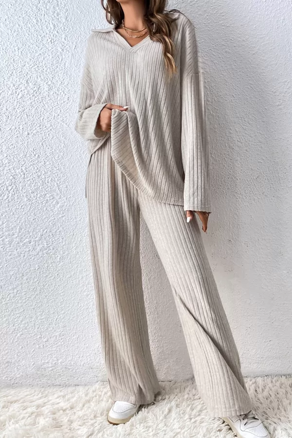 Ekru Rahat Kesim Pantolon Bluz Alt Üst Takım