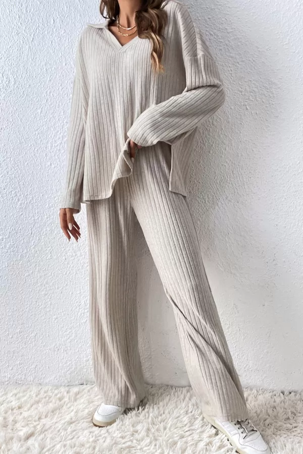 Ekru Rahat Kesim Pantolon Bluz Alt Üst Takım