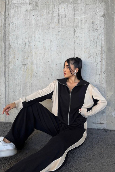 Ekru Siyah Renk Bloklu Kadın Eşofman Takımı