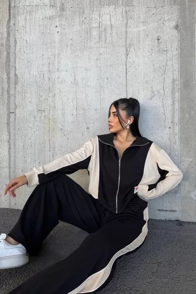 Ekru Siyah Renk Bloklu Kadın Eşofman Takımı