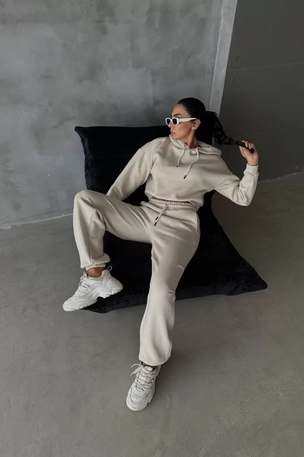 Ekru Sweatshirt Eşofman Altı Kadın İkili Takım