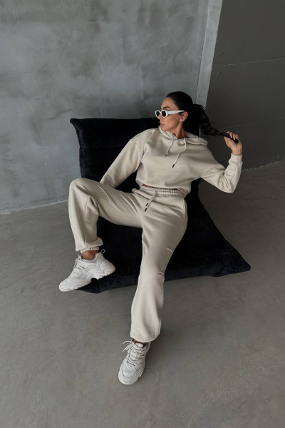 Ekru Sweatshirt Eşofman Altı Kadın İkili Takım