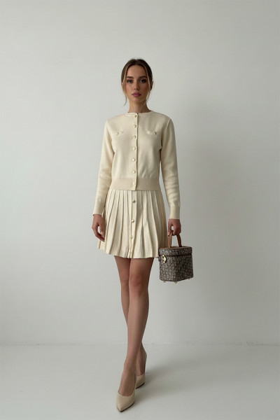 Ekru Triko Etek Düğmeli Bluz Alt Üst Takım