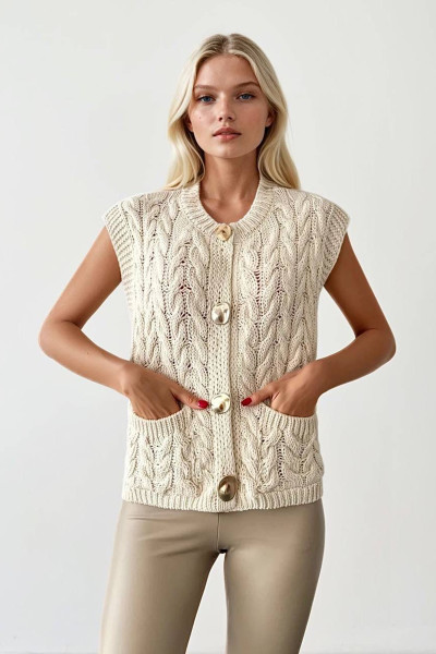 Ekru Triko Kadın Yelek Bluz