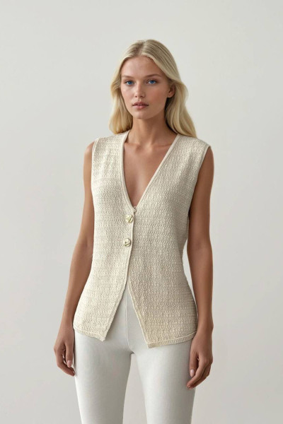 Ekru Triko Kadın Yelek Bluz