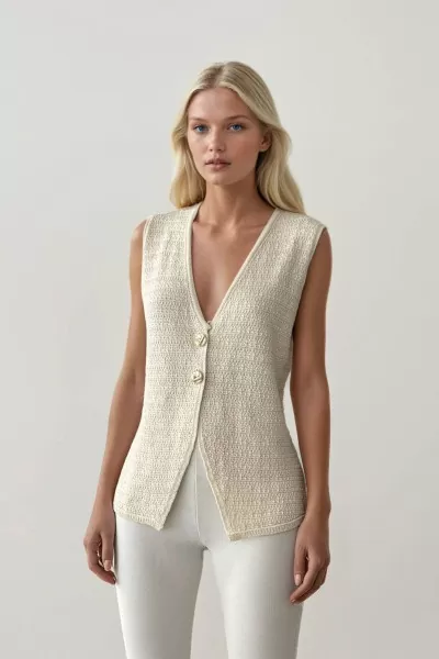 Ekru Triko Kadın Yelek Bluz