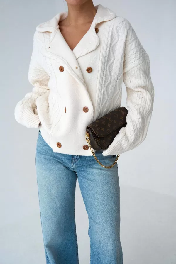 Ekru Triko Kruvaze Kadın Hırka