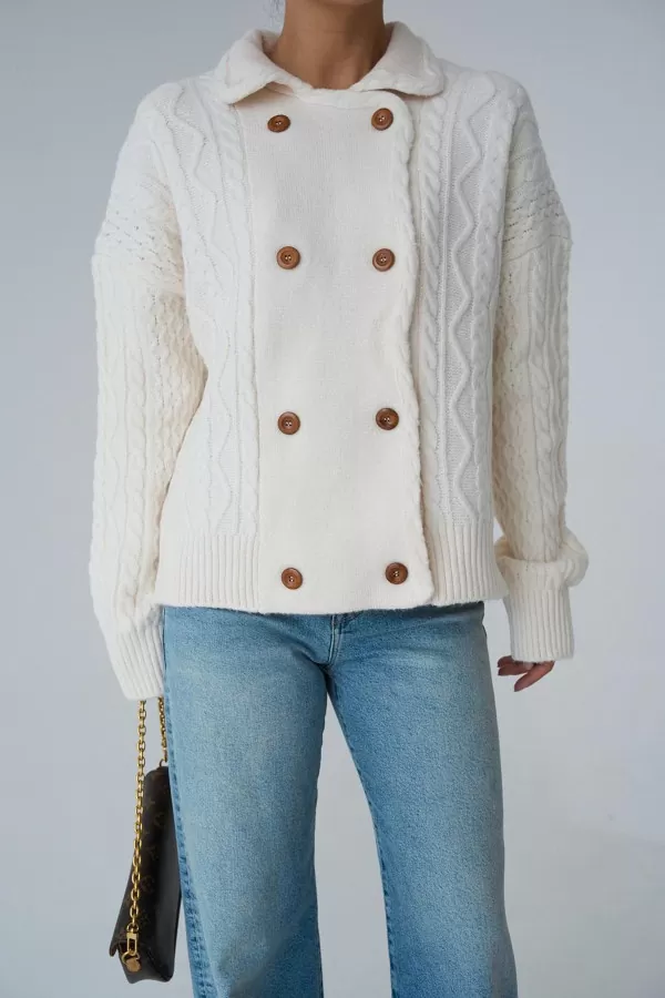 Ekru Triko Kruvaze Kadın Hırka