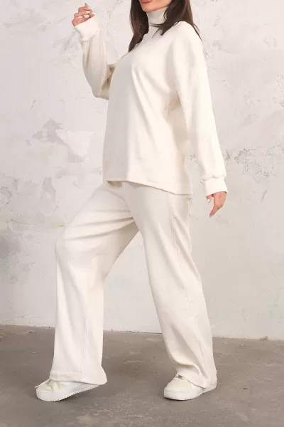 Ekru Tunik Pantolon Alt-Üst Kadın İkili Takım