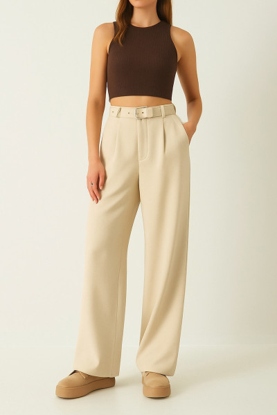 Ekru Yüksek Bel Kadın Pantolon