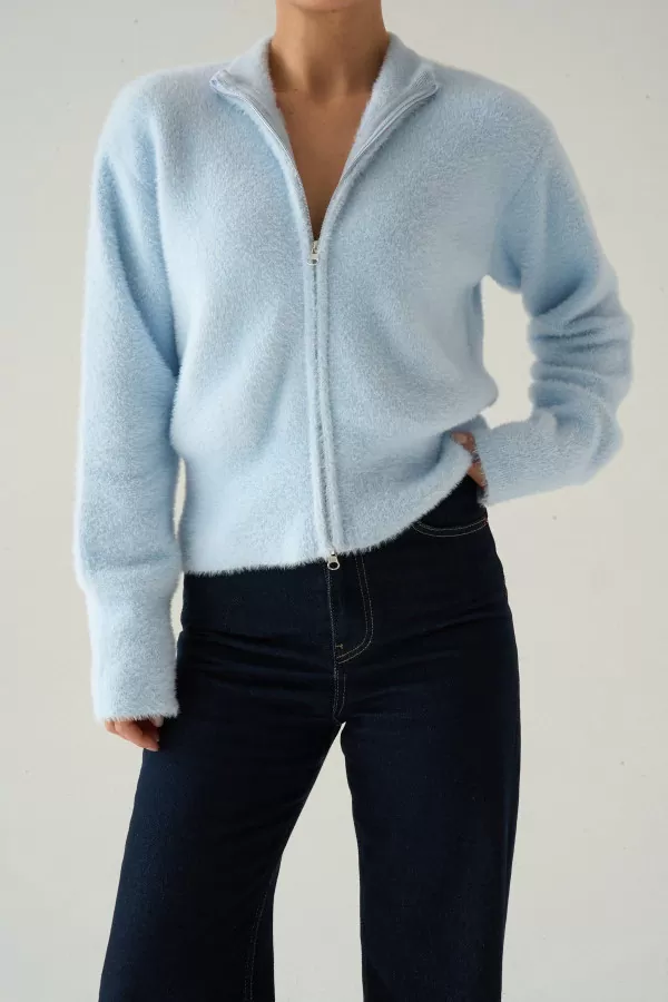 Fermuarlı Bebe Mavi Soft Triko Kadın Hırka