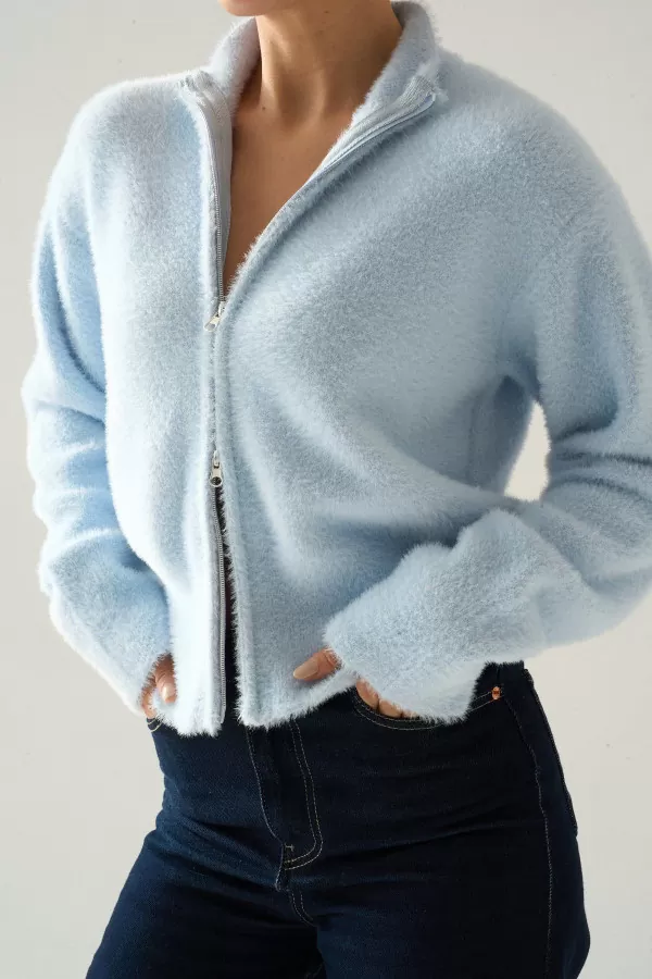 Fermuarlı Bebe Mavi Soft Triko Kadın Hırka