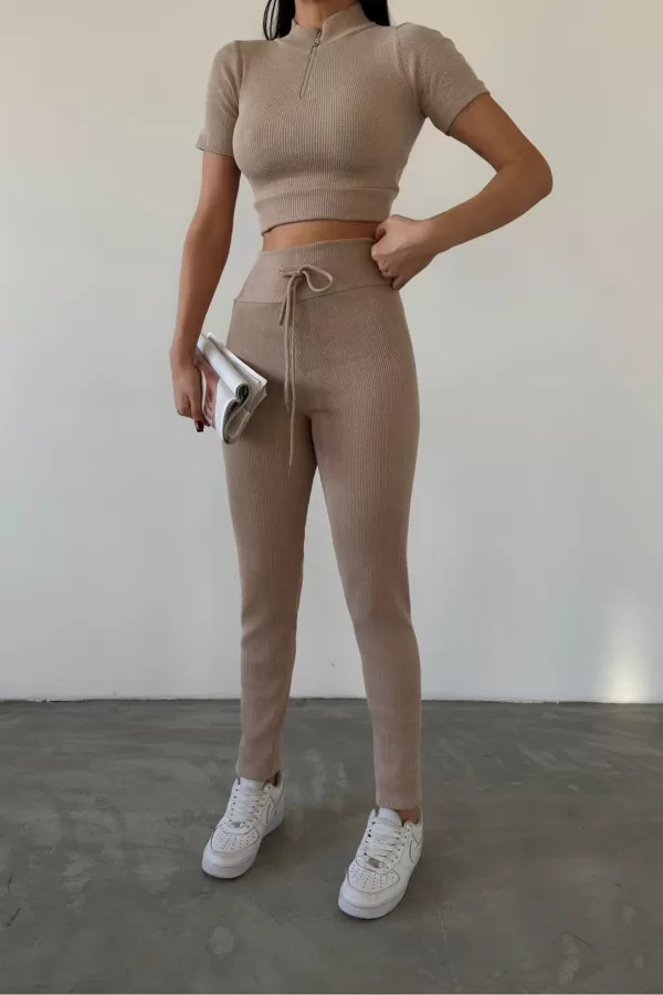 Fermuarlı Bej Kaşkorse Crop Bluz Pantolon Takım