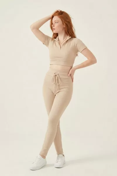 Fermuarlı Bej Kaşkorse Crop Bluz Pantolon Takım