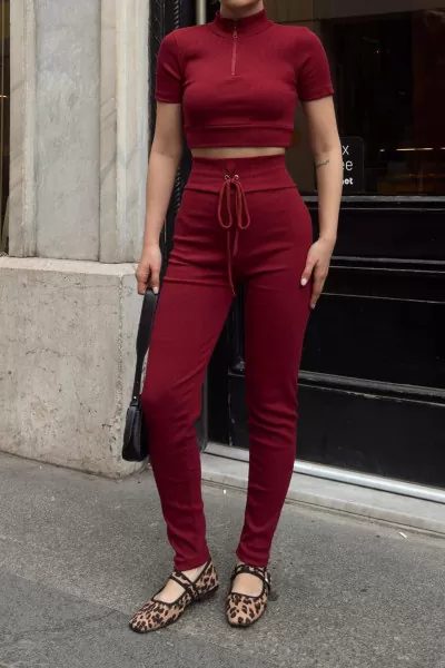Fermuarlı Bordo Kaşkorse Crop Bluz Pantolon Takım