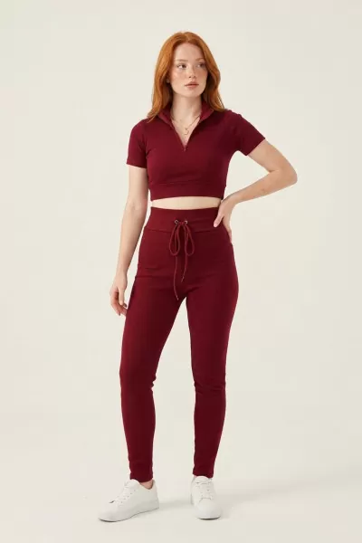 Fermuarlı Bordo Kaşkorse Crop Bluz Pantolon Takım