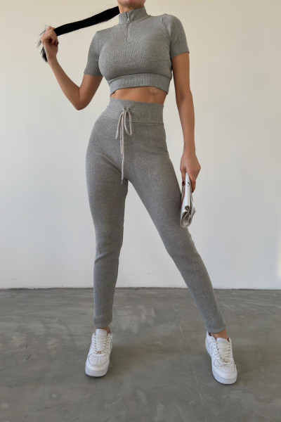 Fermuarlı Gri Kaşkorse Crop Bluz Pantolon Takım