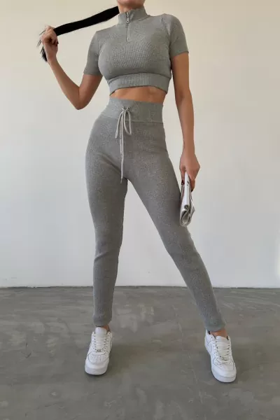 Fermuarlı Gri Kaşkorse Crop Bluz Pantolon Takım