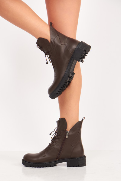 Fermuarlı Kahverengi Deri Kadın Bot