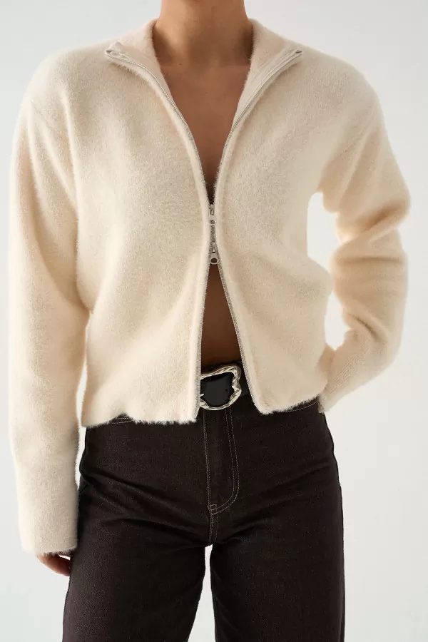 Fermuarlı Krem Soft Triko Kadın Hırka