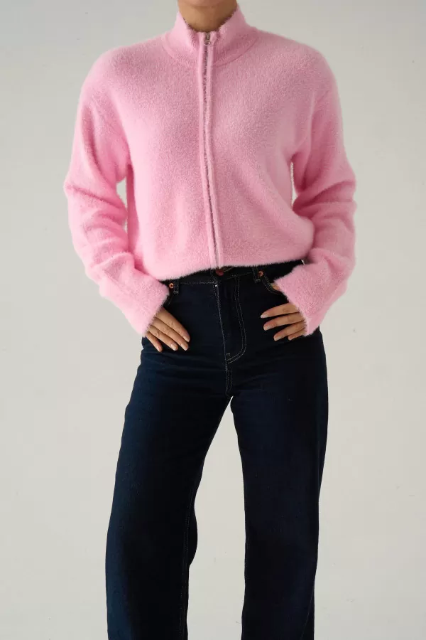 Fermuarlı Pembe Soft Triko Kadın Hırka