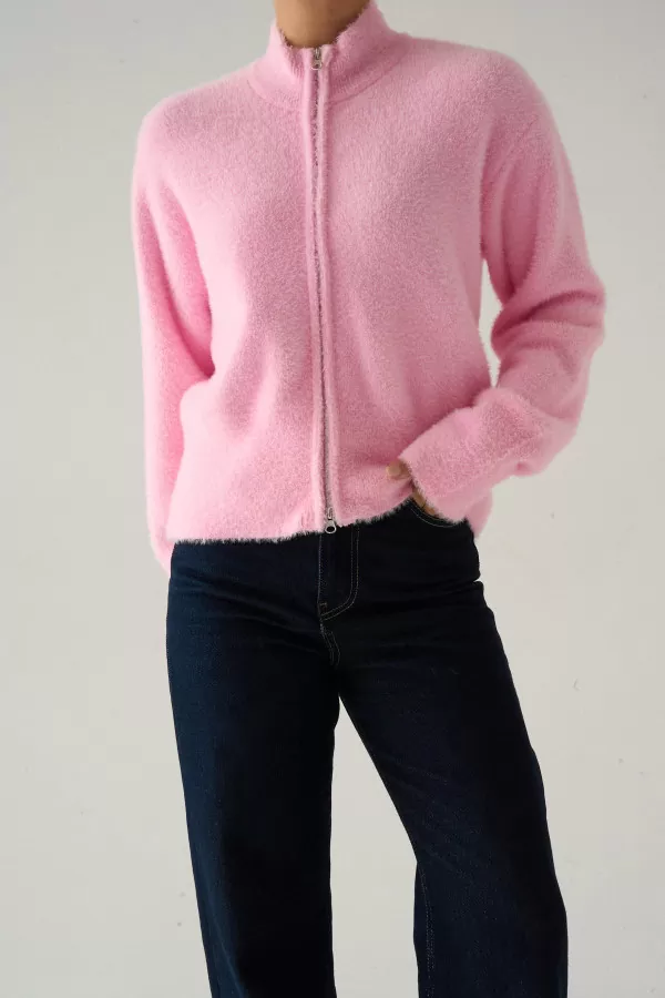 Fermuarlı Pembe Soft Triko Kadın Hırka