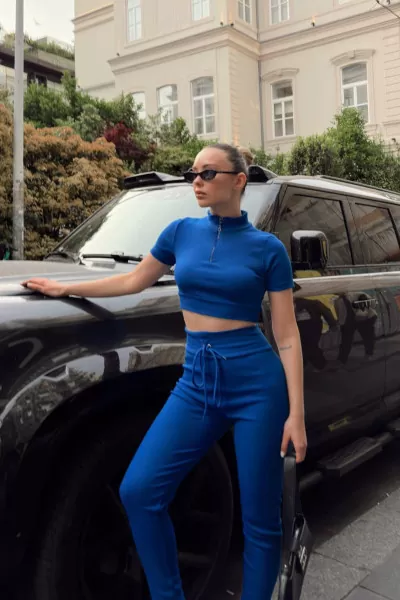 Fermuarlı Saks Kaşkorse Crop Bluz Pantolon Takım