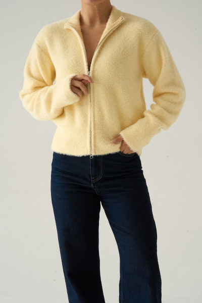 Fermuarlı Sarı Soft Triko Kadın Hırka