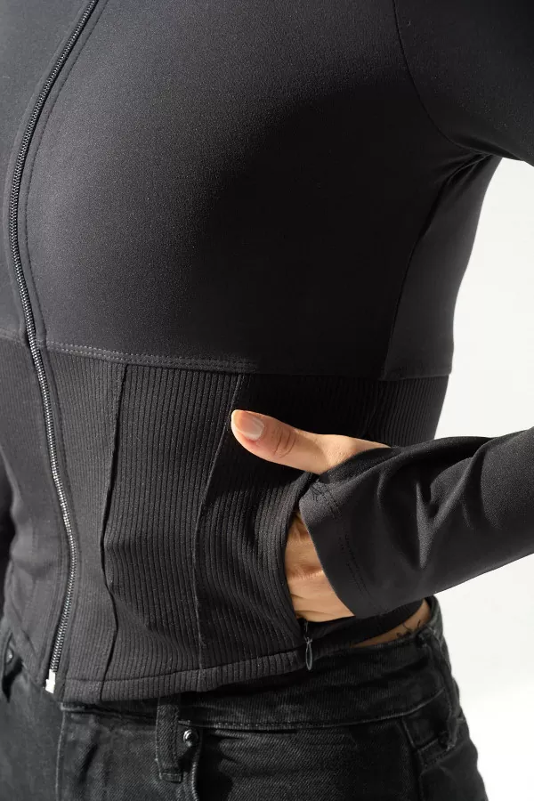 Fermuarlı Siyah Bomber Kadın Bluz
