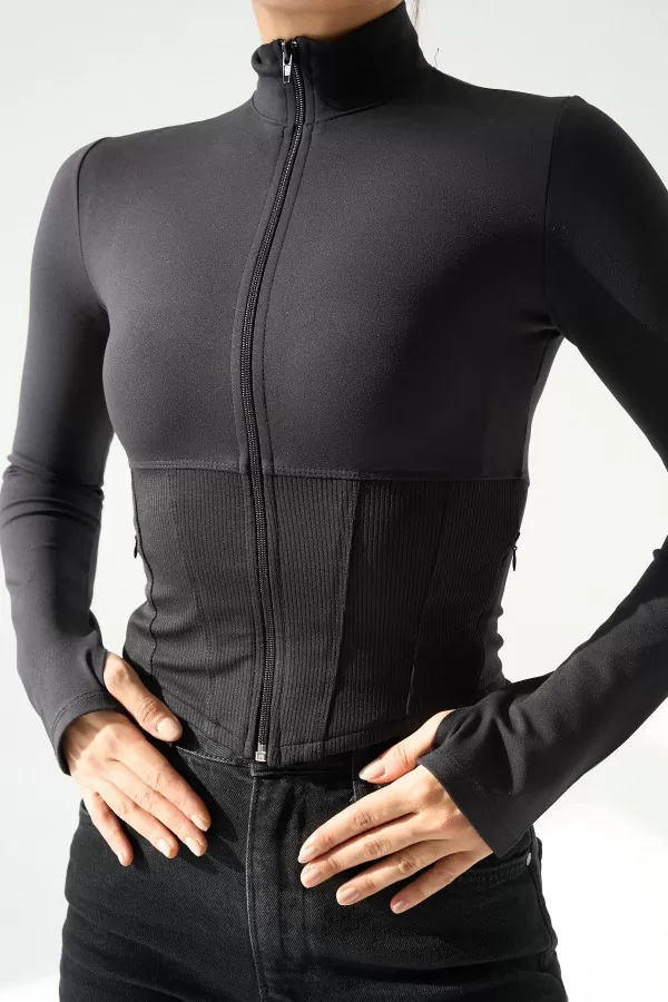 Fermuarlı Siyah Bomber Kadın Bluz