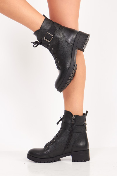 Fermuarlı Siyah Deri Kadın Bot