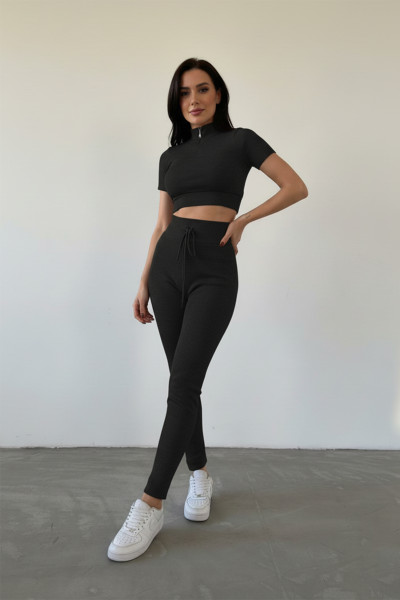Fermuarlı Siyah Kaşkorse Crop Bluz Pantolon Takım