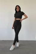 Fermuarlı Bej Kaşkorse Crop Bluz Pantolon Takım