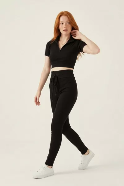Fermuarlı Siyah Kaşkorse Crop Bluz Pantolon Takım