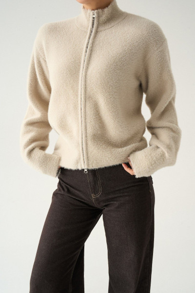 Fermuarlı Taş Rengi Soft Triko Kadın Hırka