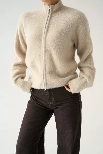 Fermuarlı Taş Rengi Soft Triko Kadın Hırka