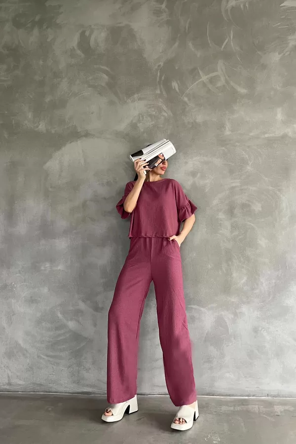 Fırfır Detaylı Fuşya Bluz Pantolon Alt Üst Takım