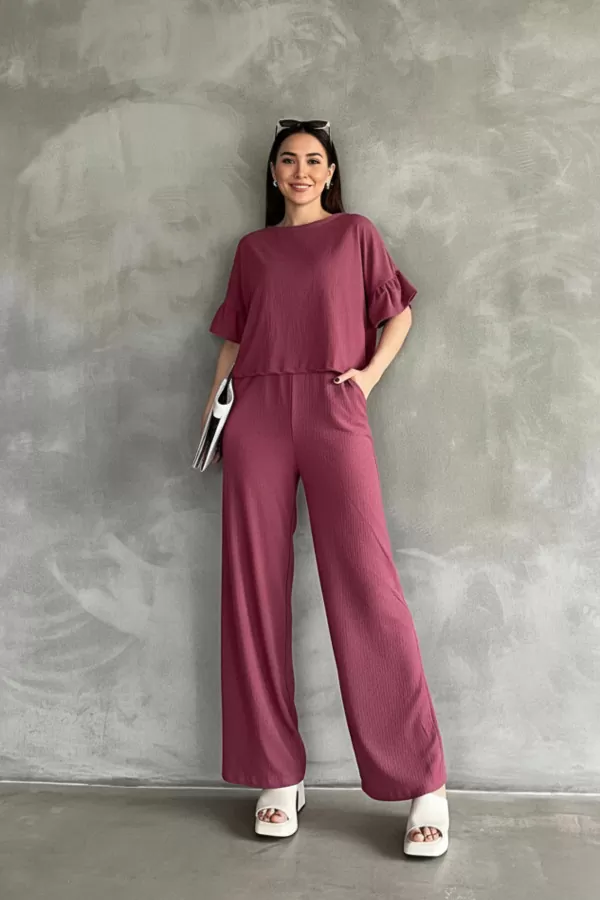 Fırfır Detaylı Fuşya Bluz Pantolon Alt Üst Takım