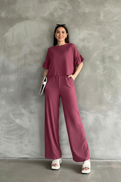 Fırfır Detaylı Fuşya Bluz Pantolon Alt Üst Takım