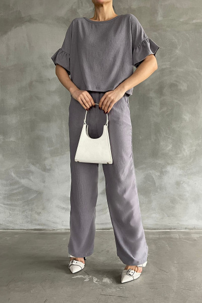 Fırfır Detaylı Gri Bluz Pantolon Alt Üst Takım