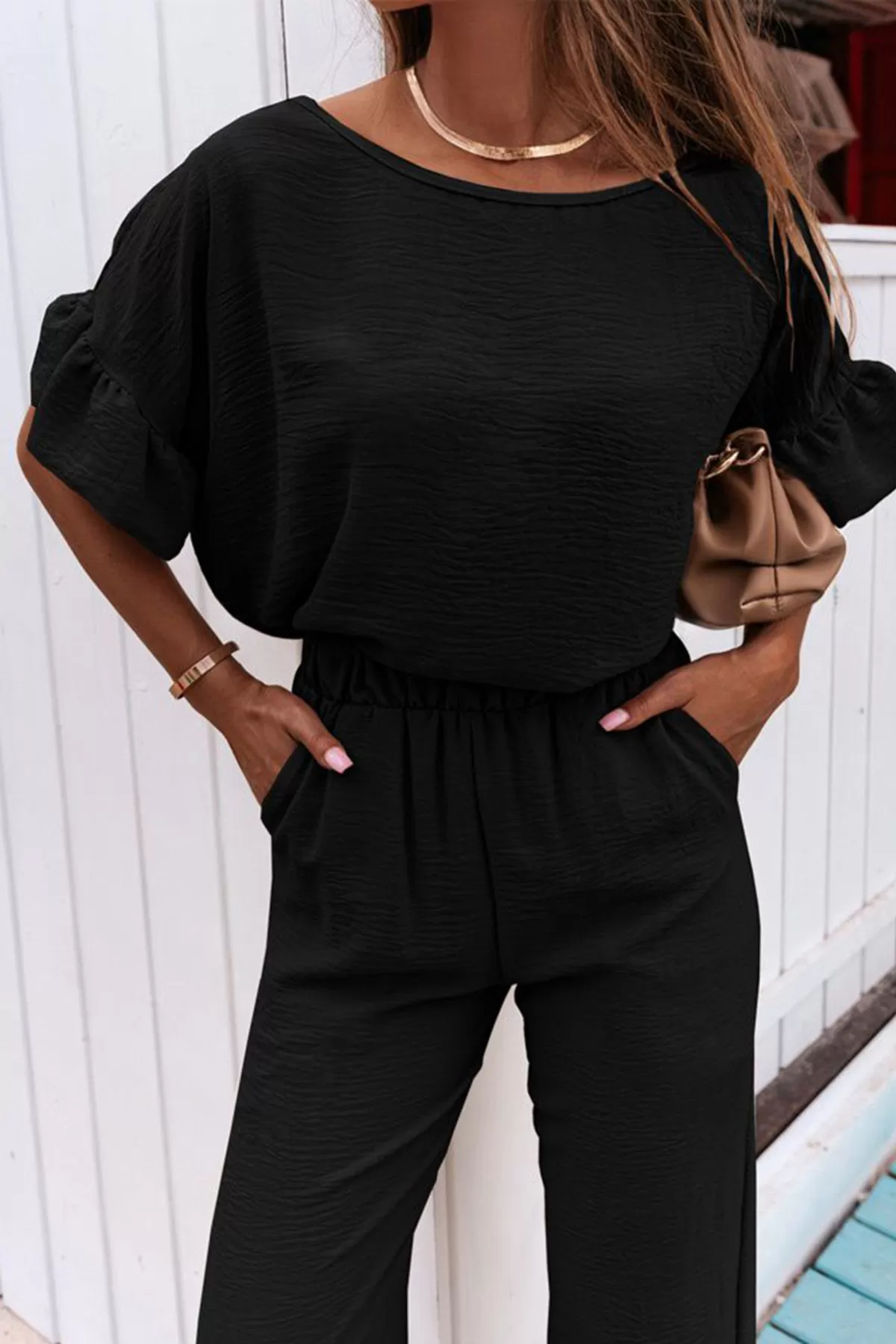 Fırfır Detaylı Siyah Bluz Pantolon Alt Üst Takım