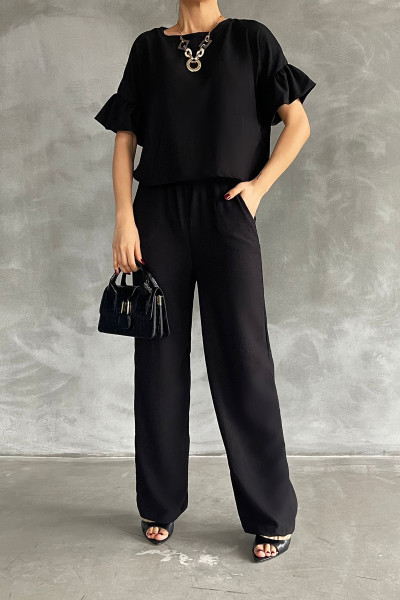 Fırfır Detaylı Siyah Bluz Pantolon Alt Üst Takım