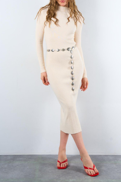 Fitilli Krem Triko Uzun Elbise