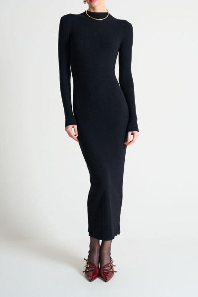 Fitilli Siyah Triko Uzun Elbise