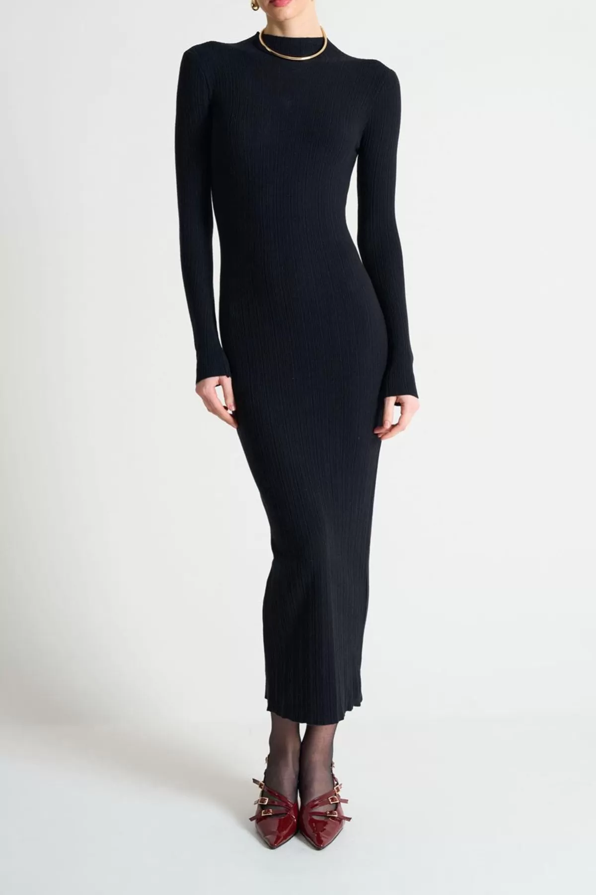 Fitilli Siyah Triko Uzun Elbise