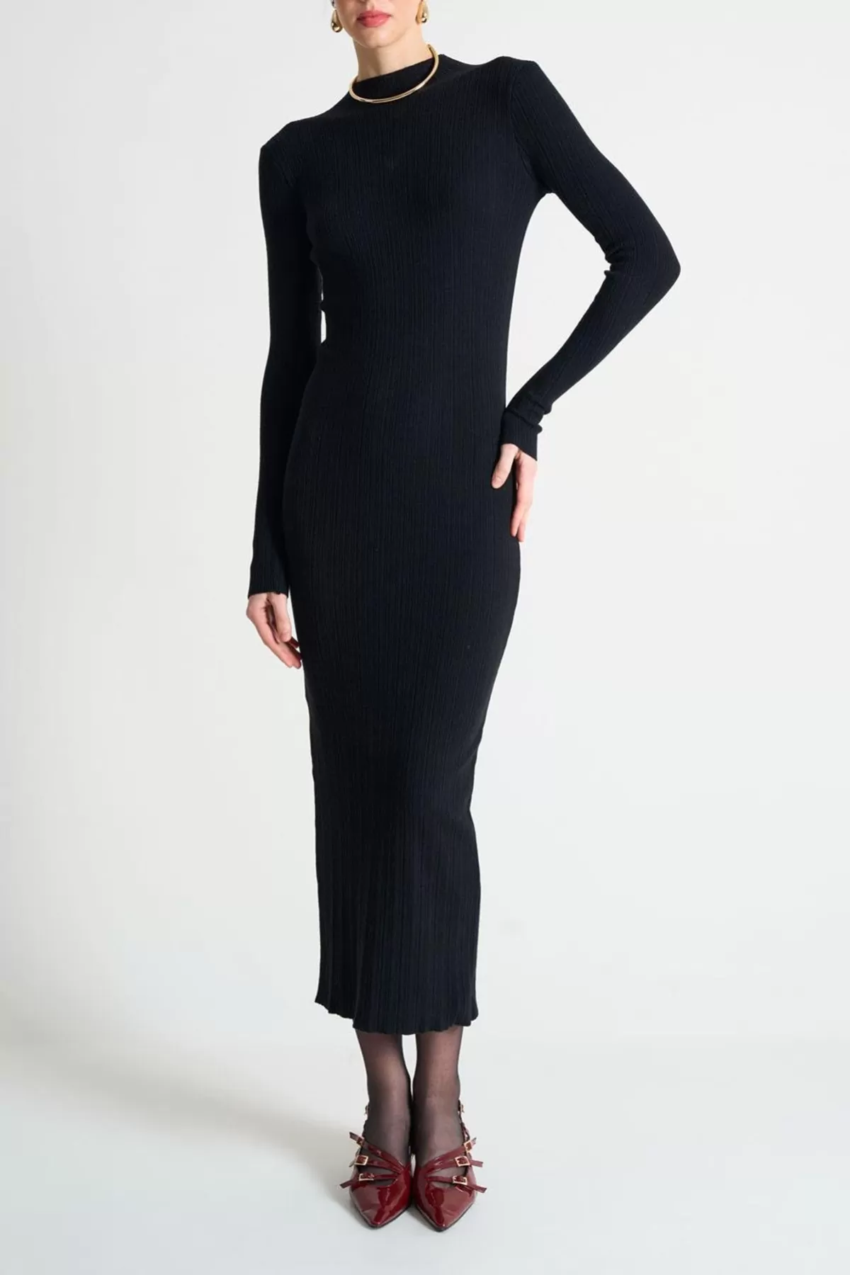 Fitilli Siyah Triko Uzun Elbise