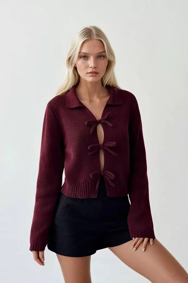 Fiyonklu Bordo Triko Kadın Hırka